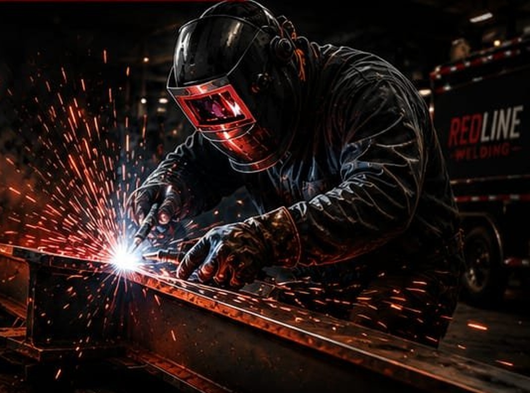 Welder making sparks while welding a steel beam on site