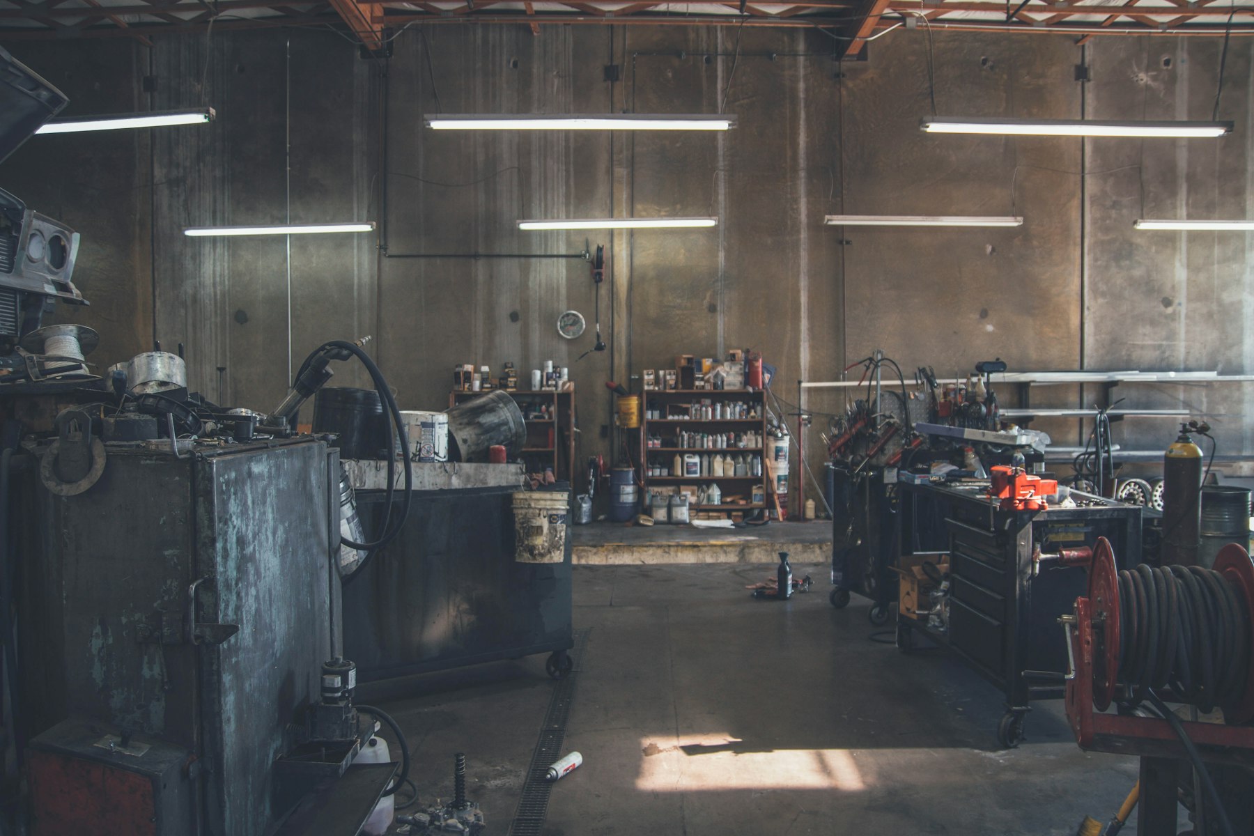 Industrial maintenance workshop with tools and equipment