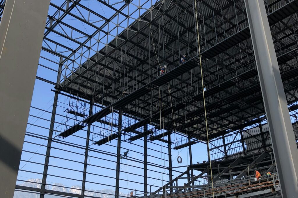 Steel building frame under construction